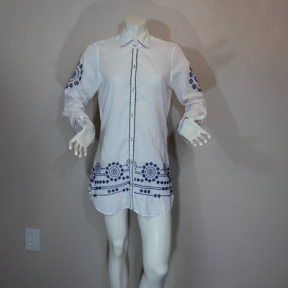 Tommy Bahama white  embroidered blue  button up long blouse tunic size small - Picture 1 of 8
